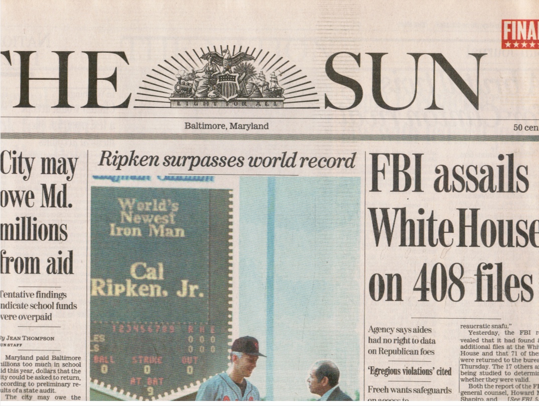 Image for 1996 the Baltimore Sun Newspaper: (Cal) Ripken Surpasses World Record (Sachio Kinugasa)