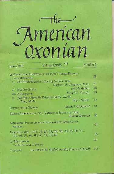 Image for The American Oxonian, Spring 1987 Nuclear Ethics, Robert Shackleton